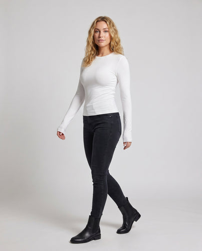 Damen nan hoch elastisches tailliertes Langarmtop mit Rundhalsausschnitt, verlängerten Manschetten und Daumenloch EB