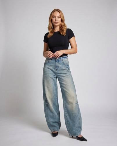 Damen nan hochgeschnittene extraweite Denimhose im Baggy-Schnitt mit Used-Waschung EB