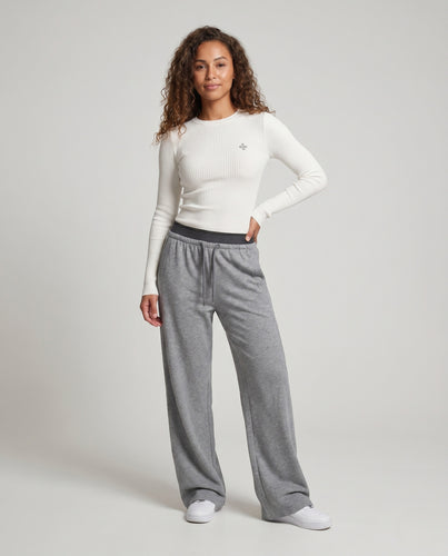 Damen nan hochgeschnittene Palazzo-Loungehose aus schwerem Sweatstoff mit breitem Rippenbund und Kordelzug EB