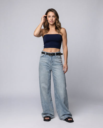 Damen nan hochgeschnittene Palazzohose aus Denim mit extra weitem Bein und tiefer Schrittnaht EB