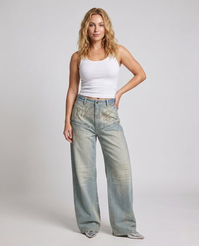 Damen nan hochgeschnittene ultraweite Denimhose mit Strass‑Kalligrafie und Cargo‑Taschen EB