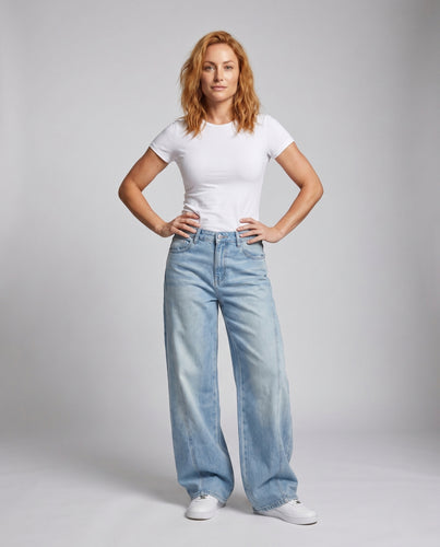 Damen nan hochgeschnittene ultraweite Jeans im Ballon-Schnitt mit sichtbaren Naht-Panels EB