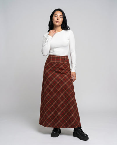 Damen nan hochgeschnittener karierter Midirock aus Wollmix mit ausgestellter A-Linie und breitem Bund EB