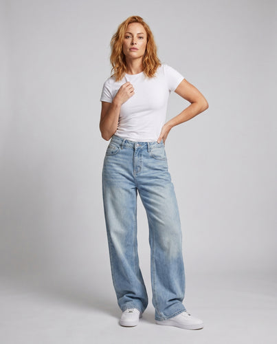 Damen nan hochtaillierte extraweite Denim-Palazzohose mit cleanem Frontabschluss EB