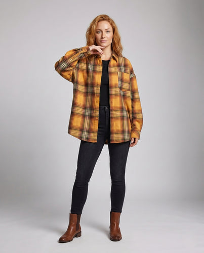 Damen nan kastiges Karomuster-Flanellhemd mit Oversize-Schnitt, aufgesetzter Brusttasche und gerundetem Saum EB