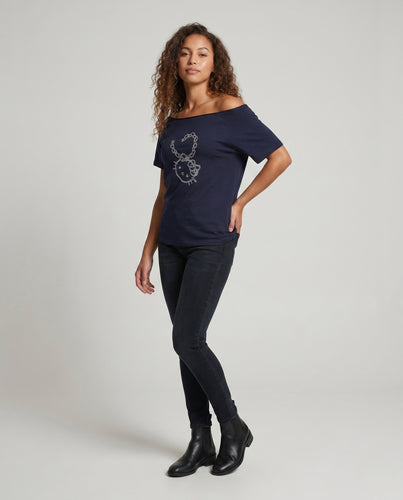 Damen nan kastiges T-Shirt mit asymmetrischem U-Boot-Ausschnitt und kristalloptik-Kettenprint EB