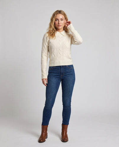 Damen nan konturierter Zopfmuster-Pullover mit spitzem Hemdkragen und taillenbetontem Bund EB