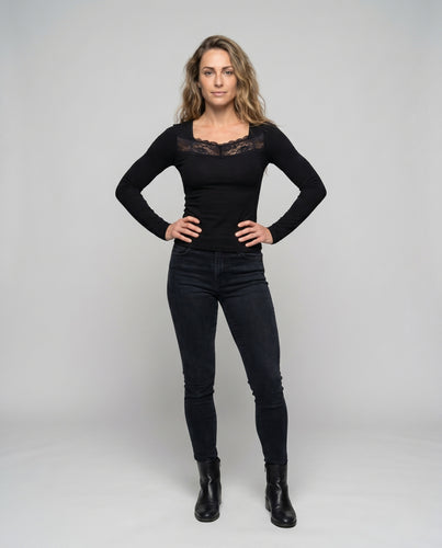 Damen nan körpernahes Langarm-Layering-Top mit quadratischem Spitzenpanel und Stretch-Ripp EB