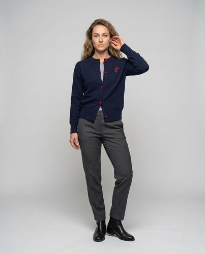Damen nan kurz geschnittene Strickjacke mit Herzknöpfen, Rundhalsausschnitt und gesticktem Motiv EB