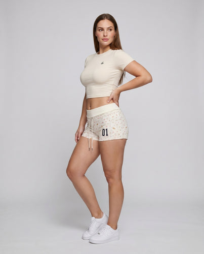 Damen nan kurzes Stretchshirt mit Rundhalsausschnitt und dezenter Logo-Stickerei EB