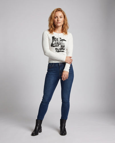 Damen nan kurzes tailliertes Rippshirt mit Knopfleiste und abstraktem Frontprint EB
