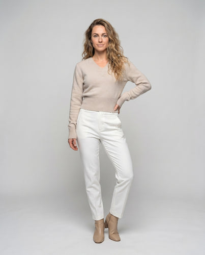 Damen nan kurzgeschnittener taillierter Kaschmirmix-Pullover mit V-Ausschnitt und breitem Rippbund EB