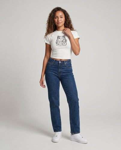 Damen nan kurzgeschnittenes Baumwoll-Cropshirt mit gezeichneter Katzenillustration und Raglanärmeln EB