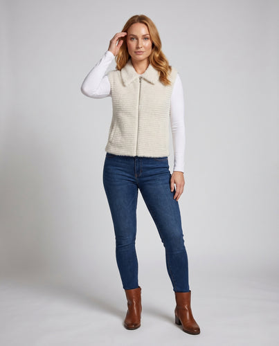 Damen nan kuschelige Bouclé-Strickweste mit Polokragen und Frontreißverschluss EB