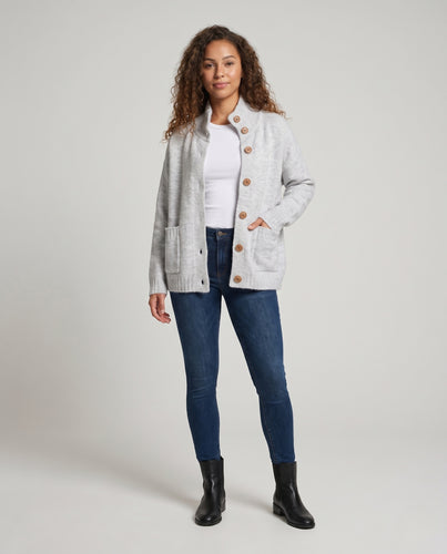 Damen nan kuscheliger Stehkragen-Strickcardigan mit markanten Holzknöpfen und Eingrifftaschen EB