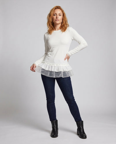 Damen nan Langarmshirt mit mehrlagigem Spitzen- und Tüllvolant EB