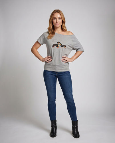 Damen nan lässiges asymmetrisches schulterfreies Baumwollshirt mit Dackel-Print und überschnittenen Schultern EB