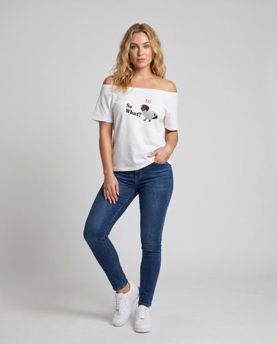 Damen nan lässiges Lounge-T-Shirt mit einseitigem Schulterfall und Dackel-Print aus Baumwolljersey EB