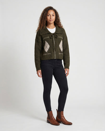Damen nan leicht verkürzter Mohair-Mix-Cardigan mit Reißverschluss, Bindekragen und Rautenintarsien EB