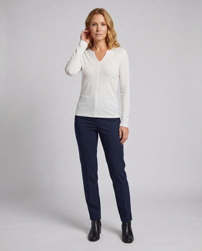 Damen nan leichtes V-Ausschnitt Langarmshirt aus Strukturstrick mit mittiger Ziernaht EB