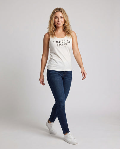 Damen nan locker fallendes Jersey-Tanktop mit typografischem Stencil-Aufdruck und Rundhalsausschnitt EB
