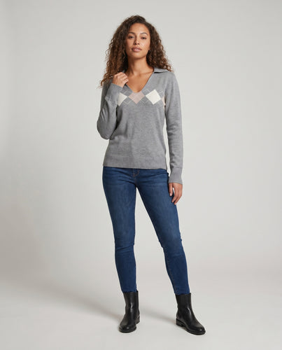 Damen nan locker sitzender V-Ausschnitt-Feinstrickpullover mit Argyle-Intarsia und gerippten Bündchen EB