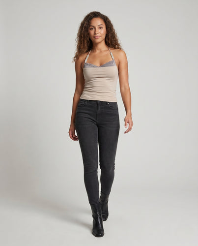 Damen nan Micro-Satin-Unterziehbluse mit Spitzenbesatz und Perlen-Neckholder EB