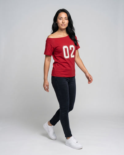 Damen nan off-shoulder Sweatshirt mit Nummern-Applikation und Oversize-Passform EB