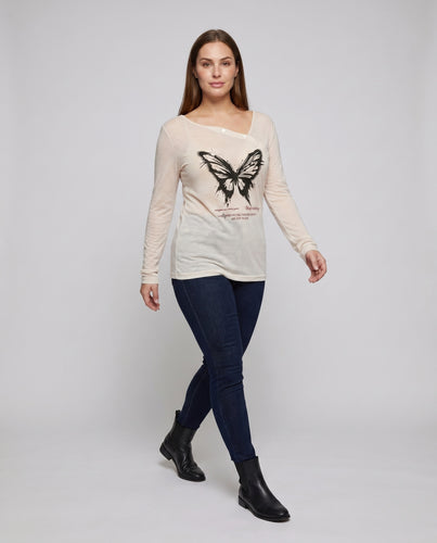 Damen nan Oversize-Feinstrickshirt mit asymmetrischem Off-Shoulder, Knopfleiste und Schmetterlingsprint EB