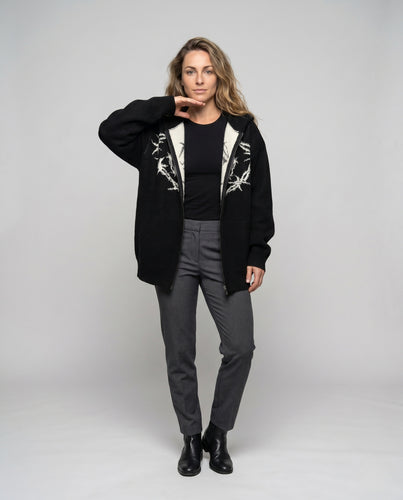 Damen nan Oversize-Strickcardigan mit kontrastierender Intarsia, seitlichem Reißverschluss und Eingrifftaschen EB
