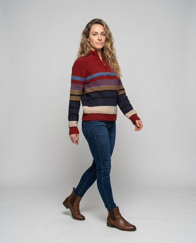 Damen nan Oversize-Strickpullover mit halbem Reißverschluss, gerippter Struktur und Blockstreifen EB