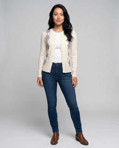 Damen nan Rautenstrick-Cardigan mit Rundhals, durchgehender Knopfleiste und schmaler Silhouette EB