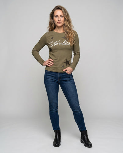 Damen nan Retro-inspiriertes Langarmshirt mit strukturierter Sternapplikation und weichem Baumwollmix EB