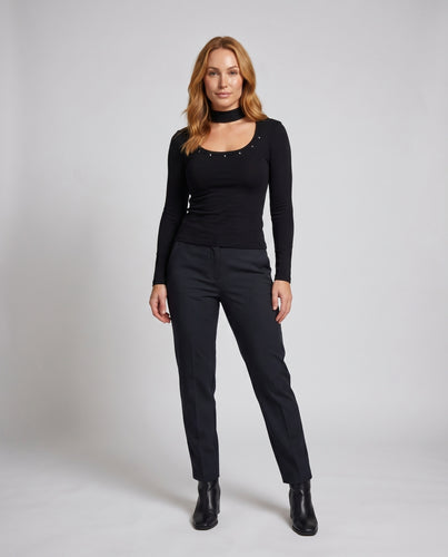 Damen nan schlank geschnittenes Langarm-Bodytop mit angenähtem Choker und Pyramidennieten EB