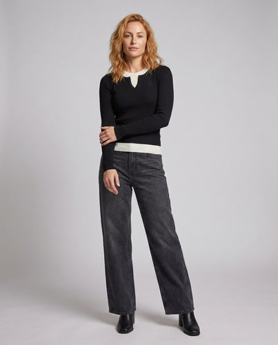 Damen nan schmal geschnittenes Feinstrick-Langarmshirt mit geripptem Strukturmix und V-Schlitzkragen EB