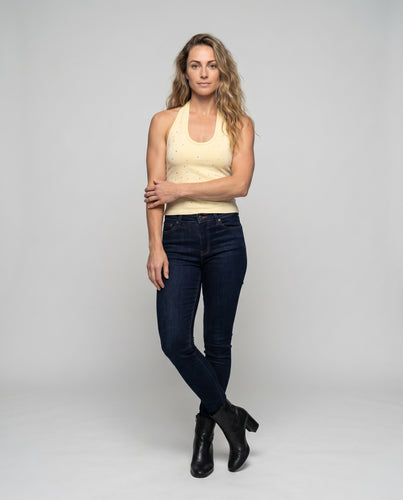 Damen nan schmal geschnittenes Halter-Top mit funkelnden Strassapplikationen und elastischem Jersey EB