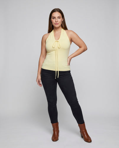 Damen nan schmal geschnittenes Neckholder-Top mit vorderlichem Bindeknoten und verlängerten Zierbändern EB