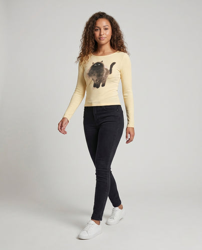 Damen nan schmal geschnittenes Rippen-Langarmshirt mit künstlerischem Katzenprint und weichem Rundhalsausschnitt EB