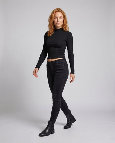 Damen nan schmal geschnittenes Stretch-Langarmtop mit Stehkragen, feiner Rippstruktur und verlängerten Bündchen EB