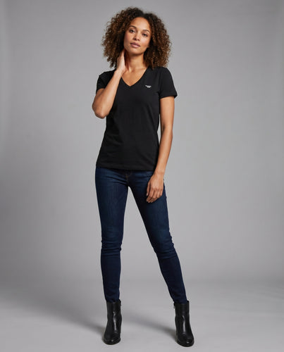 Damen nan schmal geschnittenes V-Ausschnitt-Shirt aus Stretchjersey mit minimalistischer Logo-Stickerei EB