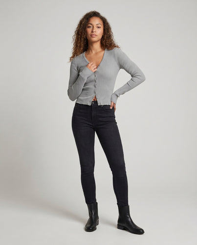Damen nan schmale gerippte Knopfcardigan mit V-Ausschnitt, kurzgeschnittener Silhouette und ausgestellten Manschetten EB