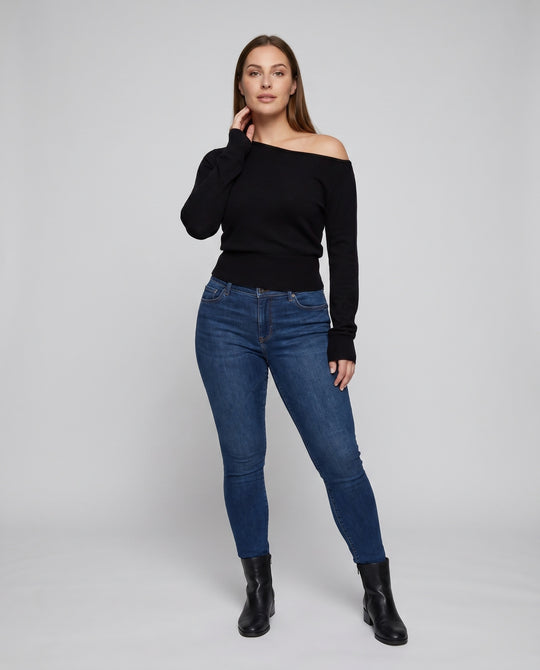 Damen nan schulterfreier Feinstrickpullover mit asymmetrischem Ausschnitt und tailliertem Bund EB