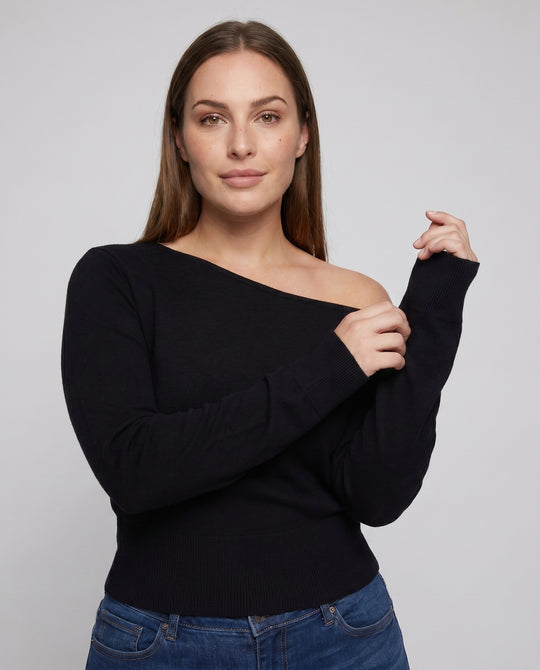 Damen nan schulterfreier Feinstrickpullover mit asymmetrischem Ausschnitt und tailliertem Bund EB