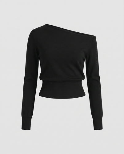 Damen nan schulterfreier Feinstrickpullover mit asymmetrischem Ausschnitt und tailliertem Bund EB