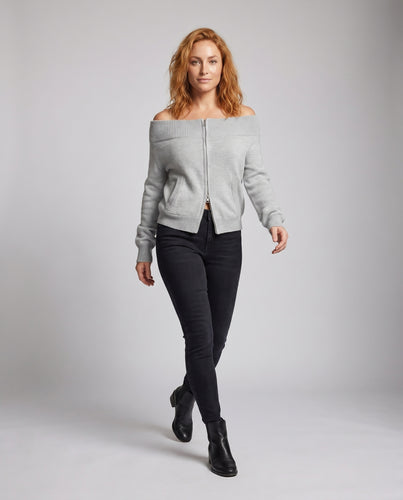 Damen nan schulterfreier, kurzgeschnittener Reißverschluss-Cardigan aus feinem Rippenstrick mit Kängurutaschen EB