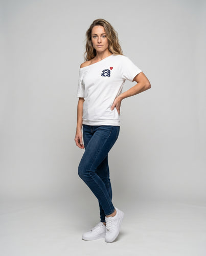 Damen nan schulterfreies Baumwolljersey-Lounge-Shirt mit Polka-Dot-Logo und herzförmiger Stickapplikation EB