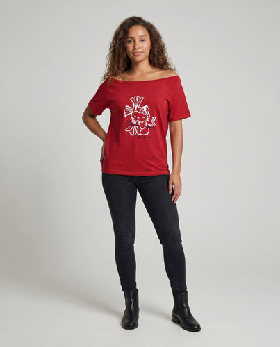 Damen nan schulterfreies Baumwollshirt mit verspieltem Grafikprint und weiter Passform EB