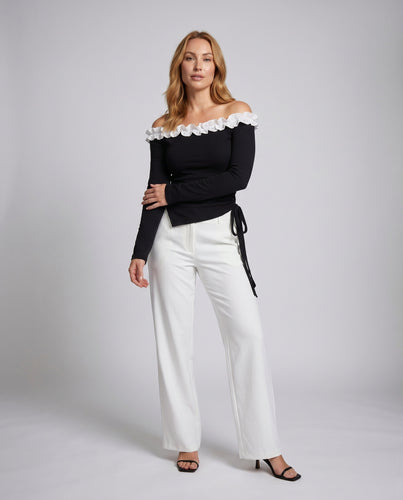 Damen nan schulterfreies Feinjersey-Top mit Lochspitzen-Rüsche, Langarm und seitlicher Knotenbindung EB