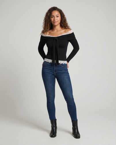 Damen nan schulterfreies Feinstrick-Top mit Spitzenbesatz, taillierter Silhouette und vorderer Bindeschleife EB