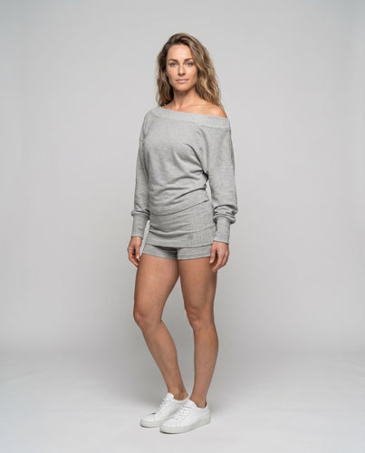 Damen nan schulterfreies Freizeit-Set mit weitem Sweatshirt und tailliertem Rippenminirock EB
